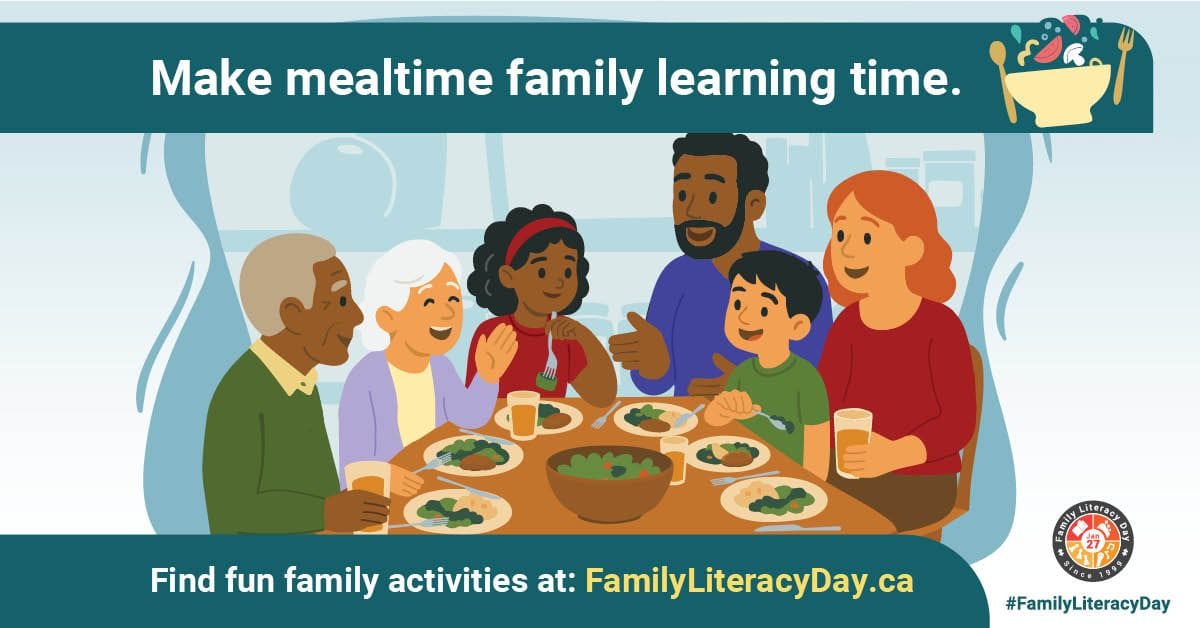 Diverse multi-generational family eating together at a table with text "Make mealtime family learning time" and website FamilyLiteracyDay.ca