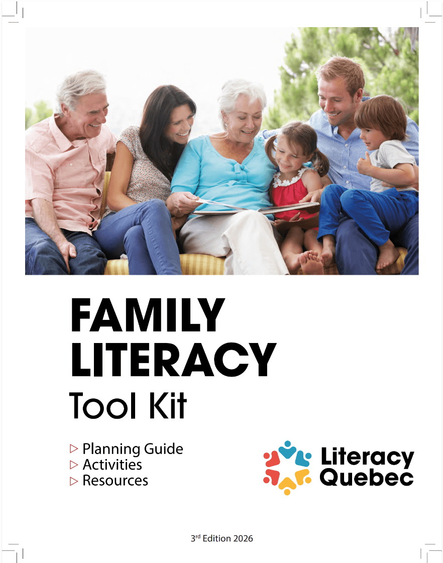 Multi-generational family reading together outdoors with "Family Literacy Tool Kit" text and Literacy Quebec logo.