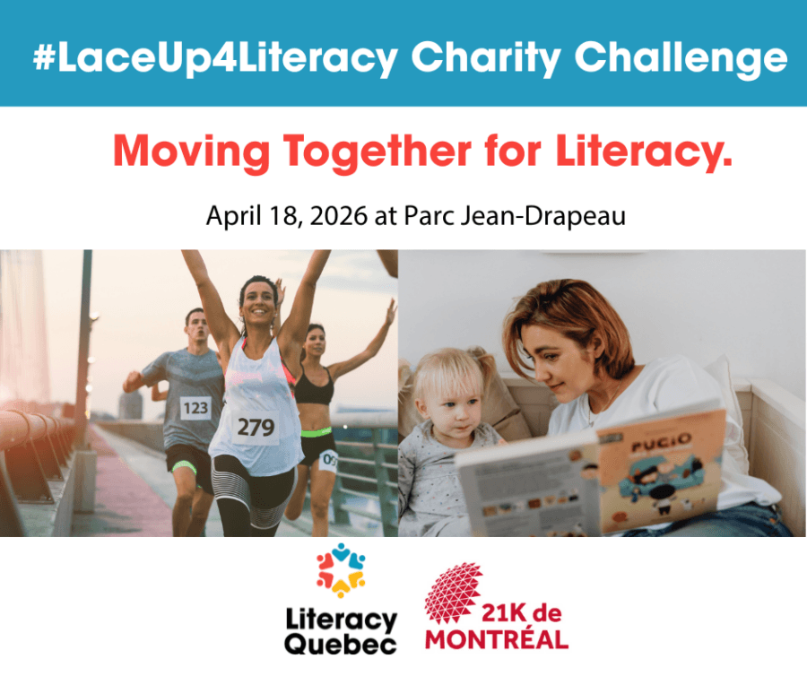 #LaceUp4Literacy Charity Challenge poster showing runners and a woman reading to a child, April 18, 2026 at Parc Jean-Drapeau.