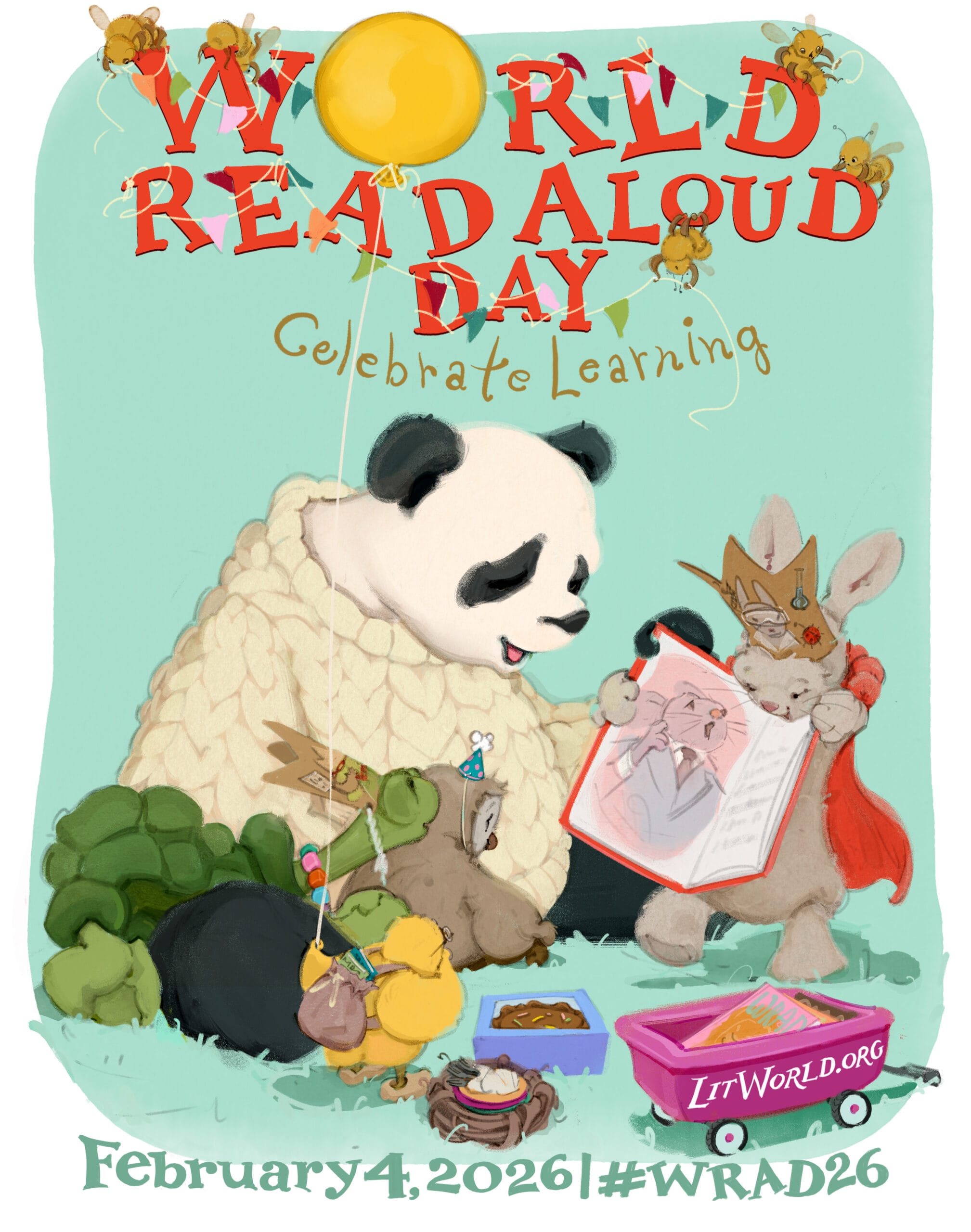 Wild Read Aloud Day poster featuring a panda and rabbit reading together with small animals and balloons, February 4, 2026.