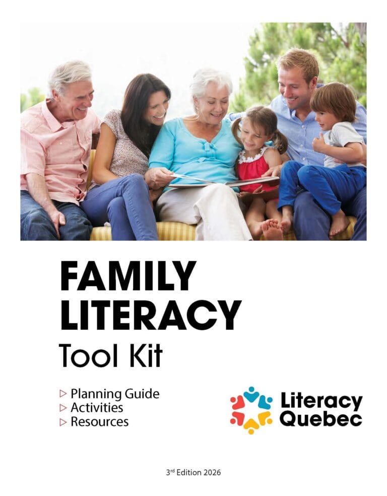 Multi-generational family reading together outdoors. Family Literacy Tool Kit cover by Literacy Quebec, 3rd Edition 2026.
